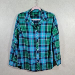 02542 Talbots green, navy, aqua, & hot pink plaid L/S button up shirt L